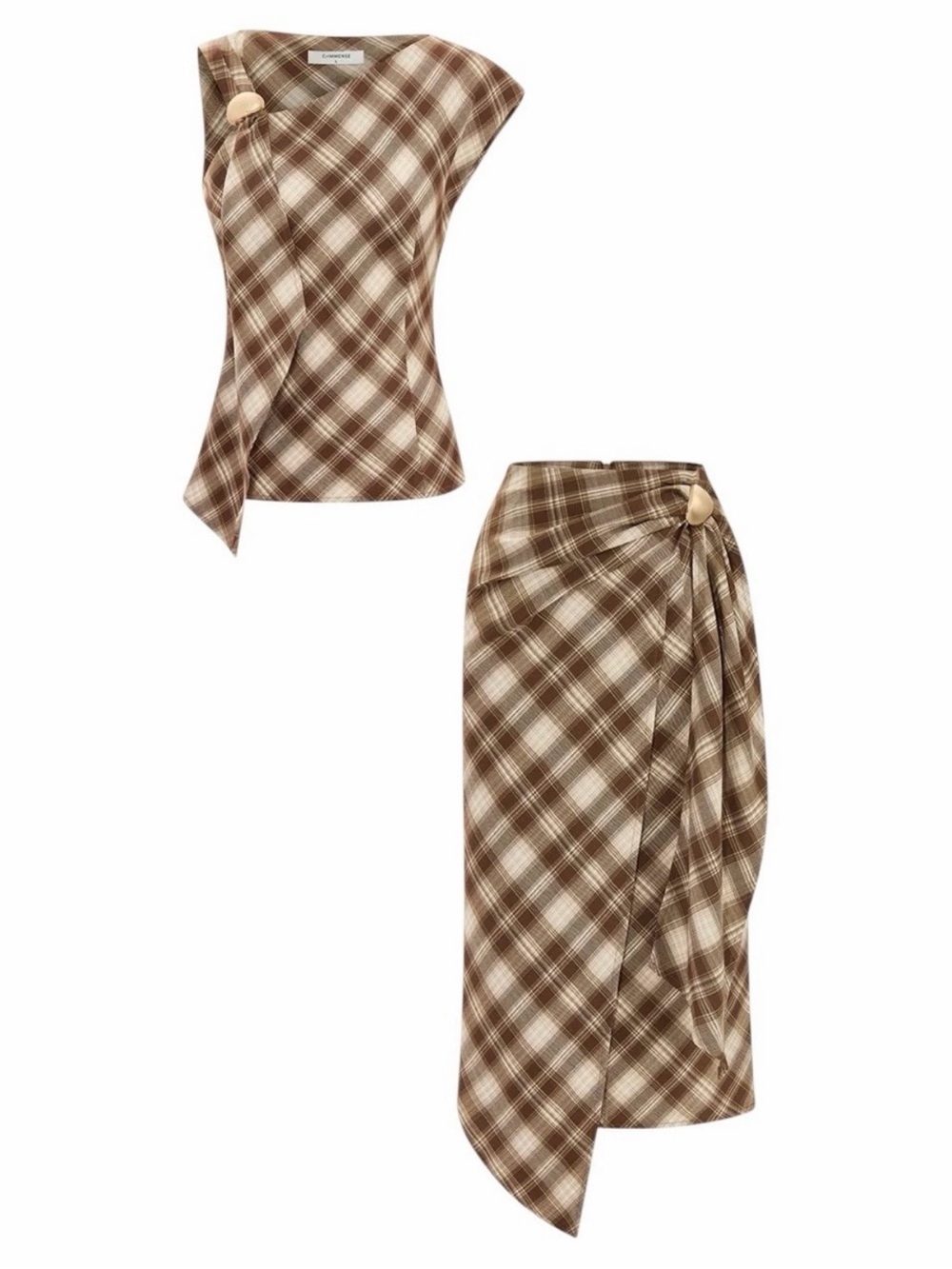 Commense Set Plaid Asymmetric Top and Faux Wrap Midi Skirt XS NWT Brown Cream